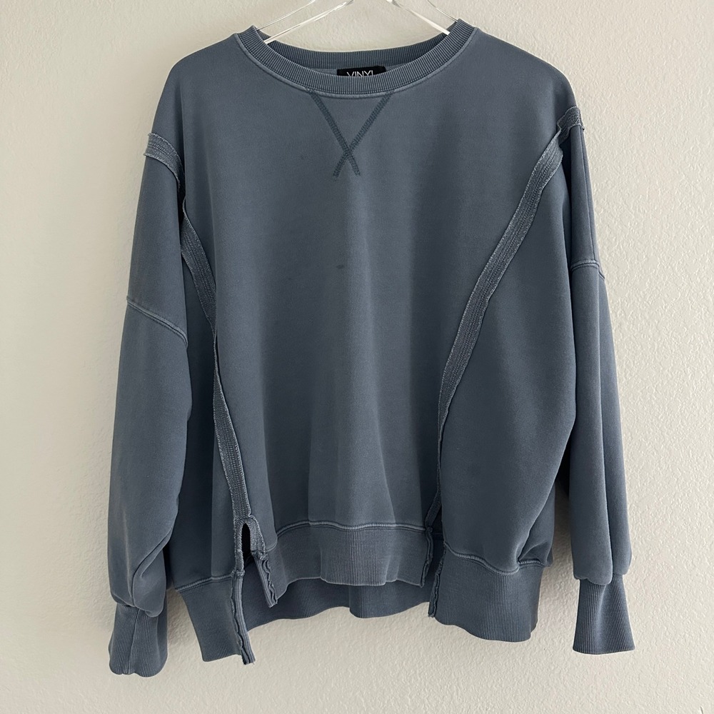 Vinyl Icons Sweatshirt Womens XL Blue Exposed Seams Raw Hem Pullover